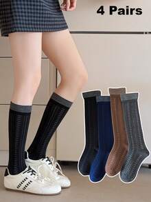 1 Pair/4 Pairs Women's Autumn/Winter Heart Pattern Knee-High Socks, Versatile Striped Knee Socks With Wide Cuff - Multicolor - View 1