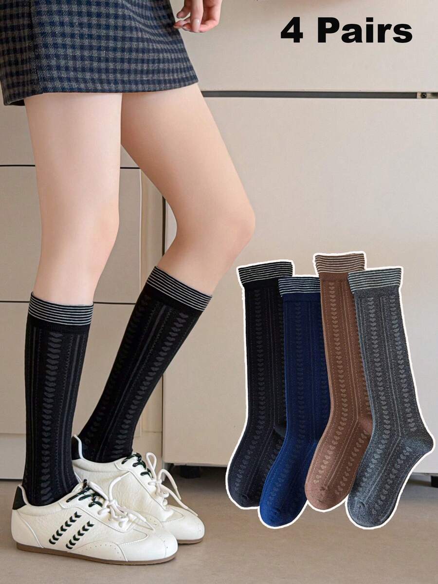 1 Pair/4 Pairs Women's Autumn/Winter Heart Pattern Knee-High Socks, Versatile Striped Knee Socks With Wide Cuff - Multicolor - View 1