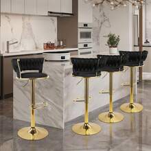 Nalupatio Set Of 4 Luxurious Bar Stools With Velvet Upholstery, Backrest & Footrest – Height Adjustable & Swivel, With Gold Metal Base - Black - 4-piece Set - View 7