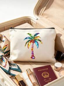 Colorful Rhinestone Palm Tree Print Cosmetic Bag, Zipper Portable Makeup Pouch, Multifunctional Travel Toiletry Organizer Coin Purse, Beach Vacation Accessory Gift For Women - Multicolor - View 1