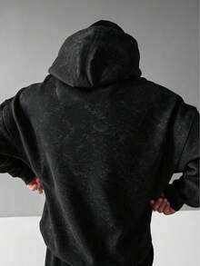Men's Washed Distressed Hoodie Sweatshirt, Autumn/Winter, PARIS Letter Red Stripe Print, Loose Fit, Drawstring, Kangaroo Pocket, Pullover Top - Black - View 2