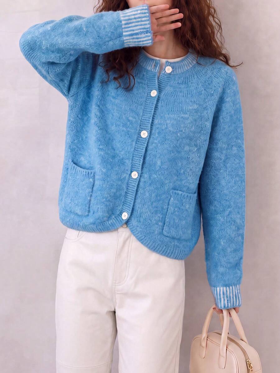 Women's Autumn/Winter Minimalist Round Hem Design Sweater Cardigan - Blue - View 1