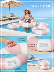 1pc Adult Double Back-To-Back Floating Chair, Suitable For Water Park Floating Striped Inflatable Swim Ring, Lifebuoy (Handle Color Random), New Design Pink Inflatable Swim Ring With Handle, Summer White And Pink Inflatable Ring, Pool Inflatable, Beach Essential, Pool Float - Multicolor - View 3