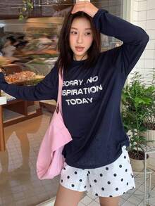 Kaos Lengan Panjang Longgar Bermotif untuk Wanita, Musim Gugur - Navy Blue - View 4