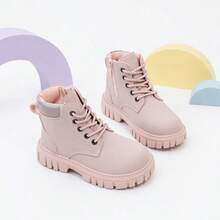1 Pair Girls Pink Thick Sole Lace-Up Side Zipper 2-Way Wear Ankle Boots, Suitable For Outings And Shopping, Autumn/Winter Outfit - Baby Pink - View 3