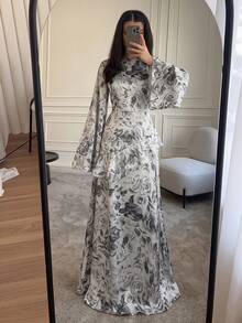 Women's Floral Print Bell Sleeve Satin Long Sleeve Dress - Grey - View 6
