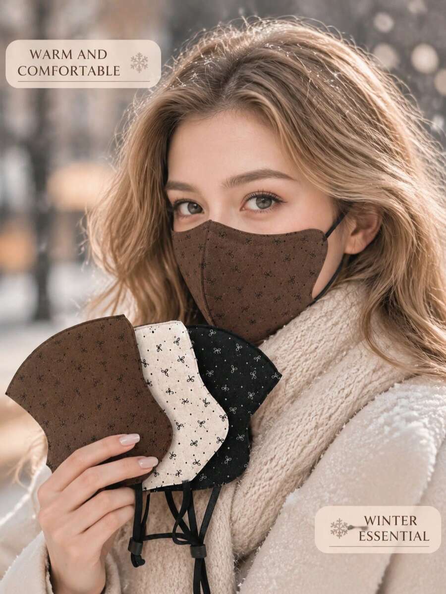 MESHUOKAI 1pc Bowknot Print 3D Embossed Winter Warm Face Mask, Adjustable Ear Loops Windproof Reusable Washable Cloth Mask, For Women Outdoor Daily Wear