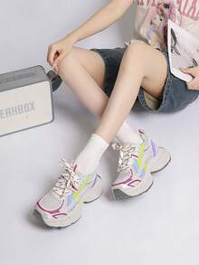 Women Chunky Sneakers, Lace Up Low Top Shoes, Thick Sole Trainers - Hot Pink - View 3
