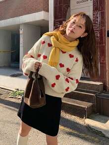 Women's Autumn/Winter Heart Jacquard Casual Crew Neck Slouchy Sweater - Apricot - View 6