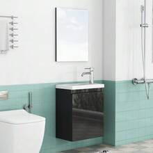 40cm White High-Gloss Bathroom Cabinet, Wall-Mounted Vanity Unit With Ceramic Basin And Mirror, Handleless Design, Soft-Close Hinges, Space-Saving, Fully Pre-Assembled, No Assembly Required, For Bathrooms And Guest Rooms - Black - View 2