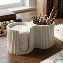 Minimalist Striped Cosmetic Storage Box, Creative Cotton Swab Organizer, Two-In-One Bathroom Swab Container, Countertop Organizing Supplies, Bedroom Vanity High-V Decoration, Mother's Day Gift, Modern Cream Style New Home Gift - A - View 5