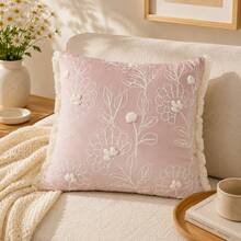 1 pieza Funda de cojín de terciopelo estilo francés con bordado de hojas florales & bordes con flecos, funda de almohada decorativa botánica vintage para sofá, dormitorio, sala de estar, decoración acogedora para otoño e invierno - Rosa claro - Ver 10