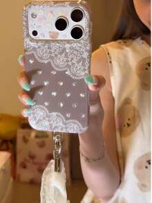 Vintage Heart Lace Phone Case Compatible With Apple 17 Pro Max/ 17 Pro, Korean Ins Style Aesthetic, 16/15 Niche Creative Premium Full Coverage Shockproof New Phone Cover For Women - Grey - View 1