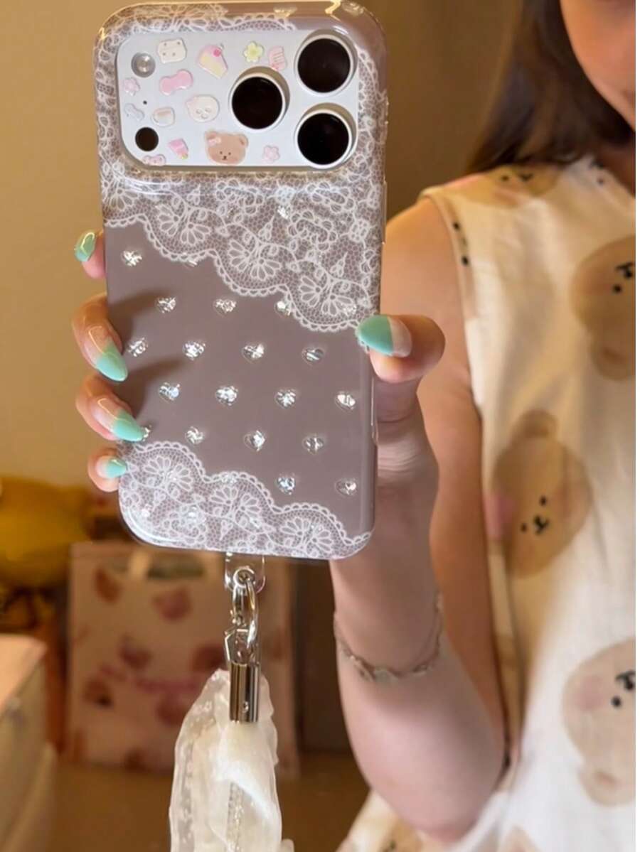 Vintage Heart Lace Phone Case Compatible With Apple 17 Pro Max/ 17 Pro, Korean Ins Style Aesthetic, 16/15 Niche Creative Premium Full Coverage Shockproof New Phone Cover For Women - Grey - View 1