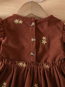 1pc Baby Girl Coffee Color Floral Embroidery Dress, Flutter Sleeve High Waist Ruched Vintage Toddler Dress - Coffee Brown - View 9