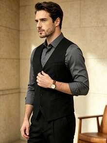 1pc Men's Casual Vest With Suit Collar, Slim Fit Solid Color Design, 4-Button, Business Banquet Outfit, All-Season Commute - Black - View 2