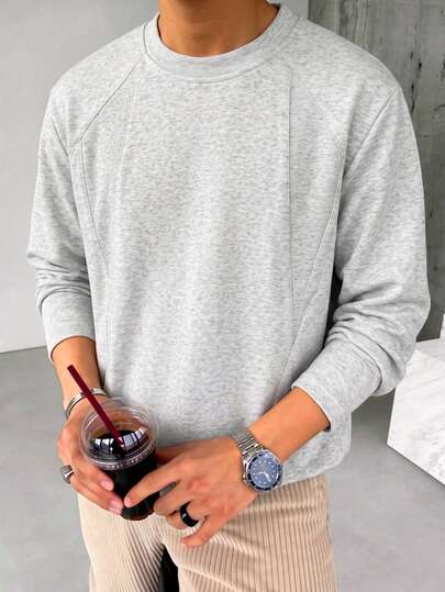 Blueprint Man 1pc Men's Light Gray Crew Neck Long Sleeve Sweatshirt, Soft Knit Fabric, Skin-Friendly And Breathable, Simple Crew Neck With Loose Drop Shoulder Fit, Flattering Silhouette, Casual Style For Daily Wear And Commuting
