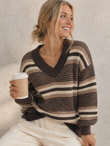 Plus Size V-Neck Gradient Striped Textured Knit Sweater, Drop Shoulder Loose Long Sleeve Pullover, Suitable For Autumn/Winter, Casual, Commute - Coffee Brown - View 1