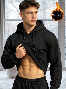 Men's Black Fleece Hooded Sweatshirt, Autumn/Winter Daily Sports Casual Pullover Sweatshirt Fall - Black - View 1