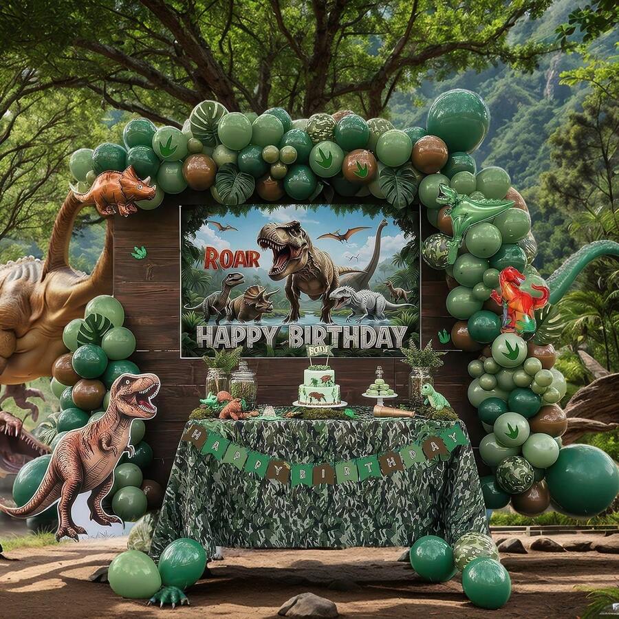 108pcs Dinosaur Theme Birthday Party Decorations - Includes Green And Brown Balloon Arch, Perfect For Jungle Dinosaur T-Rex Roar Theme Birthday Party, Baby Shower Decor - View 1
