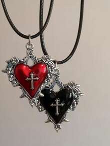 Harajuku Red And Black Gothic Heart Pendant Leather Rope Choker Necklace For Women Men Grunge Y2K Halloween Jewelry Accessories - Multicolor - View 1