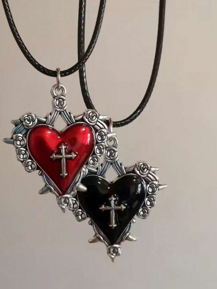 Harajuku Red And Black Gothic Heart Pendant Leather Rope Choker Necklace For Women Men Grunge Y2K Halloween Jewelry Accessories - Multicolor - View 1