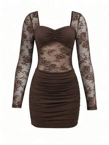 Elegant Sexy Lace Patchwork Fitted Mini Dress, Women's Long Sleeve Square Neck Knit Party Dress - Brown - View 6
