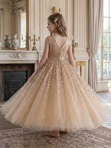 Girls' Champagne Color Sequin Elegant Dress, Tulle Ball Gown For Birthday Wedding Evening Party - Champagne - View 6