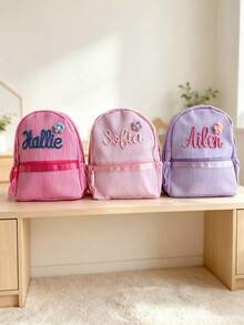 1pc Customized Name Macaron Striped Pink Girly Backpack, Portable Lightweight Travel Student Bag, Embroidered Name Back To School Gift, Personalized Gift - Multicolor - View 2