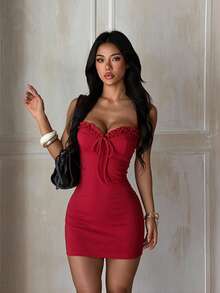 Women's Sexy Lace-Up Solid Color Bodycon Slip Dress, Autumn, Party, Date - Red - View 2
