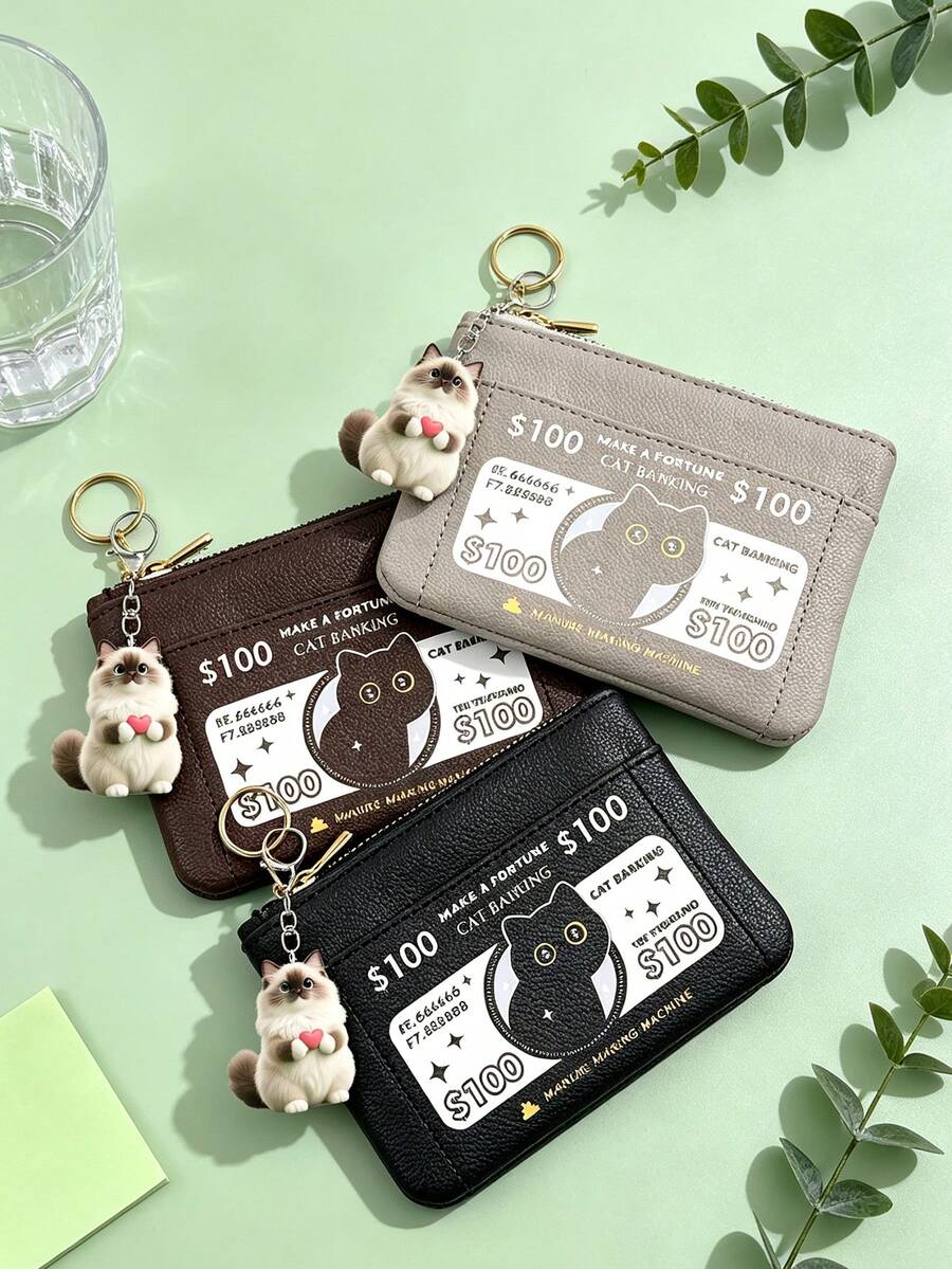 Stylish Coin Purse With 2D Cat Charm And Cat Pattern.Card Holder Coin Purse,Minimalist Anti‑Theft Small Purse, Travel Back‑To‑School Daily Accessory - Multicolor - View 1
