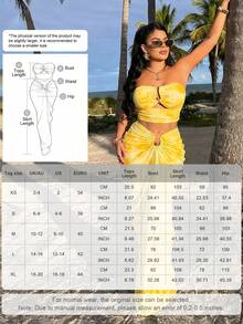 AIJ Amarilo 女款數位印花 2 件套夏季/秋季套裝－抹胸修身上衣配金屬扣與抓皺腰裙，適合度假/海灘休閒/節日場合，輕盈透氣面料，隨機花卉圖案 - 黃色 - 查看 8