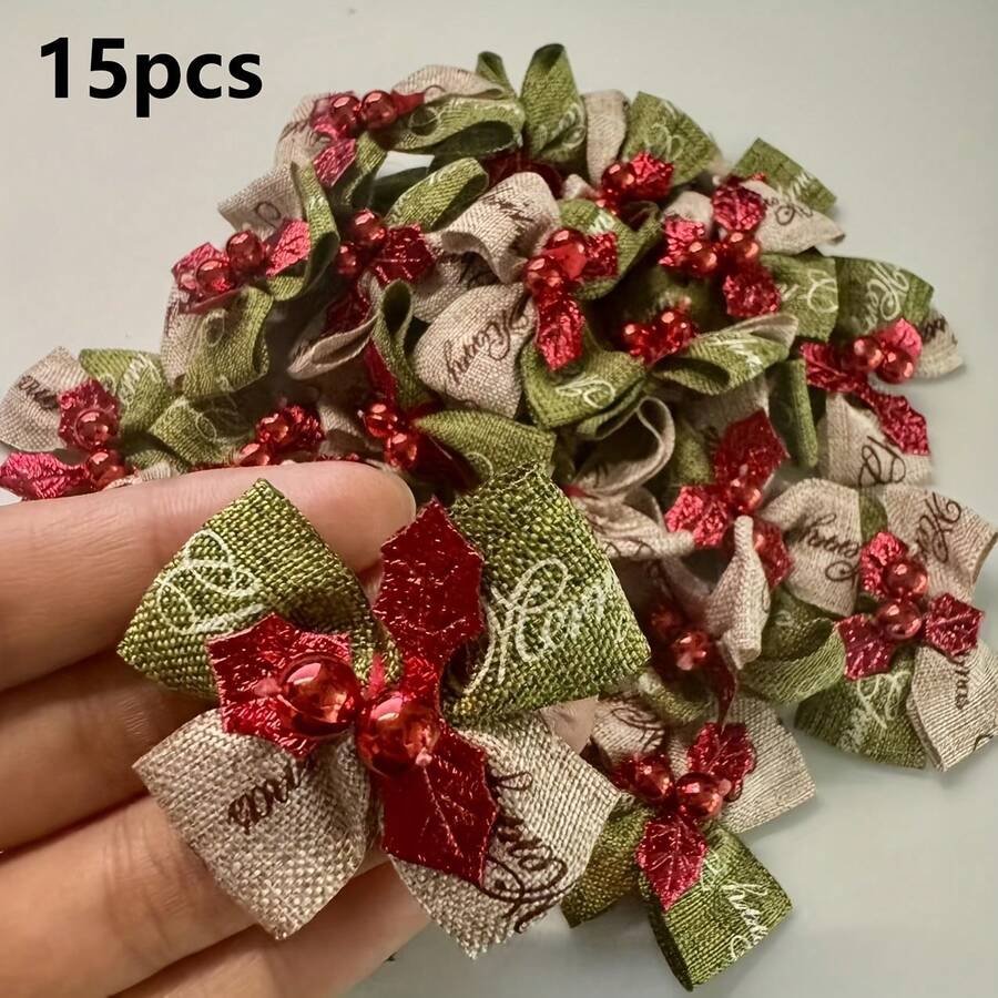 15pcs Mini Handmade Sewn Christmas Fabric Bows (Red/Green Color Scheme), Suitable For Christmas Tree Decoration, Gift Wrapping, Wedding, New Year Party DIY Crafts, Classic Small Accessories, With Gold Tips, Holiday Decorative Ribbon
