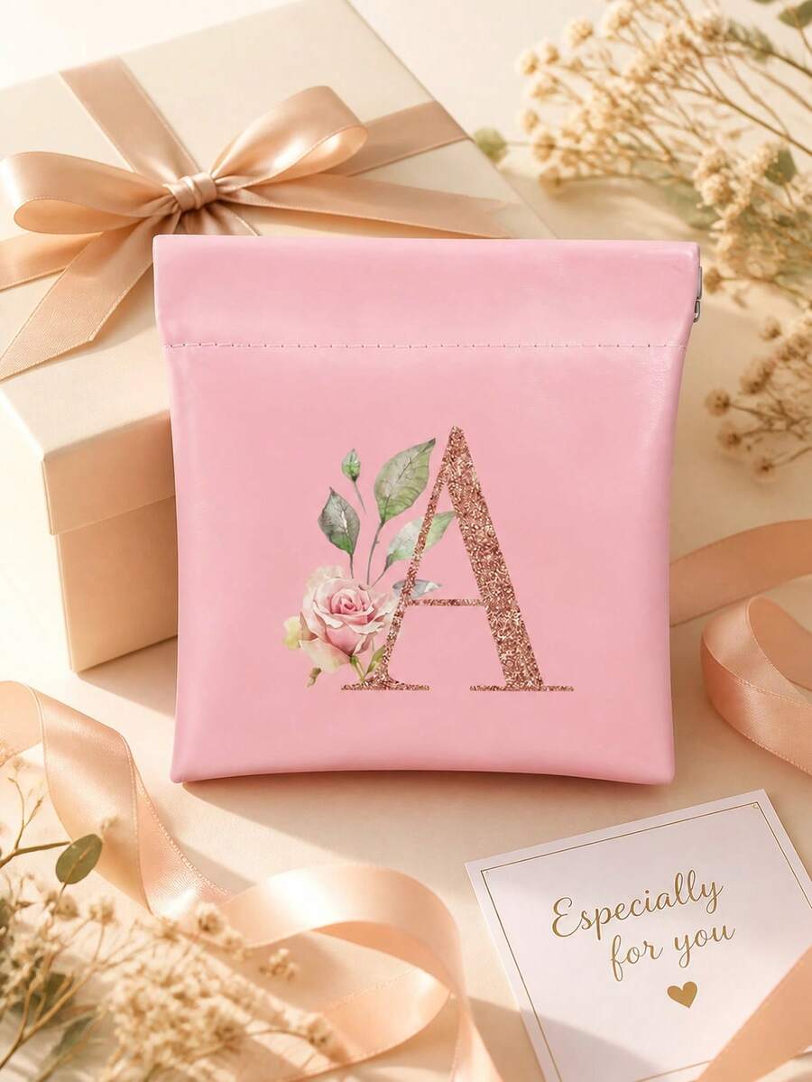 Sparkling Rose Letters Stamp Mini Storage Pouch, Women's Coin Purse, Self-Closing Multi-Functional Organizer Bag Chargers And Cables - Portable Carrying Pouch Suitable For Lipstick, Coins, Earphones, Data Cables, Keys, Jewelry, And Charging Cords - Multicolor - View 1
