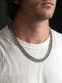 Men's Stainless Steel Cuban Link Chain, Minimalist Style Accessory, Fashionable Basic Men's Jewelry, Shiny Attractive Gift For Men - Silver - View 1