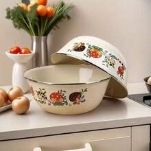 Mushroom Print Enamel Bowl With Stainless Steel Rim, Cream White Vintage Food Serving And Mixing Bowl, Suitable For Salad, Soup, Rice, Kitchen Tableware - View 9