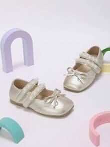 Girls' Light Gold Pearl Bow Hook & Loop Mary Jane Shoes, Playful Style Kids Shoes Suitable For Summer Parties, Shopping And Daily Outings - Gold - View 3