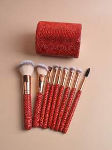 10pcs Multi-Function Rhinestone Makeup Brush Set - Includes 9 Luxury Charming Rhinestone Handle Brushes And 1 Fully Rhinestone Storage Tube - Desktop Storage Tube, Makeup Brush Storage Tube, Practical Makeup Brush Set - Suitable For All Skin Types - Multicolor - View 11