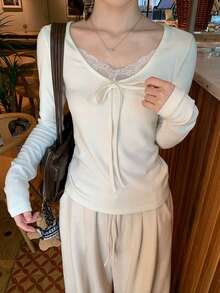 Women's Lace V-Neck Fitted Long Sleeve T-Shirt Inner Layer Top - White - View 1