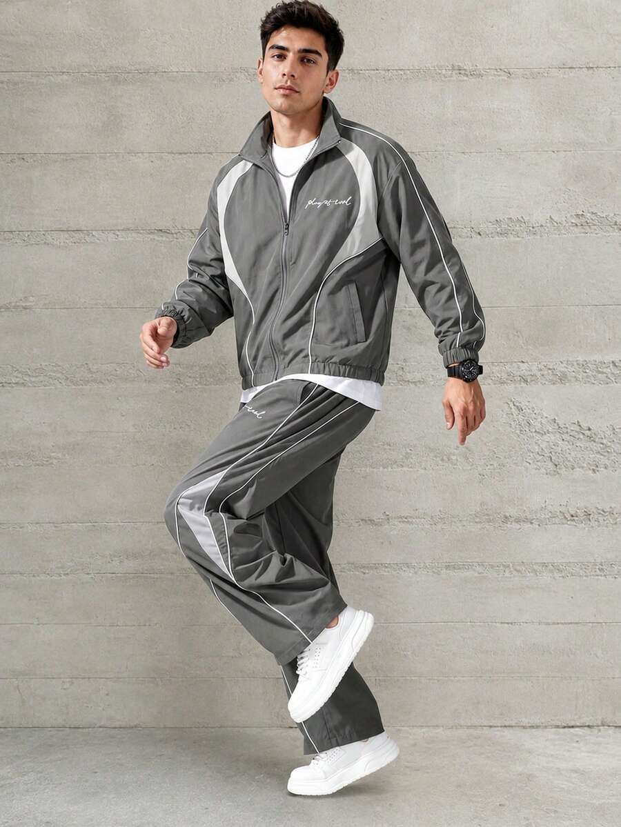 Men's Colorblock 2 Pieces Sports Set Jacket And Pants Casual Activewear - Dark Grey - View 1