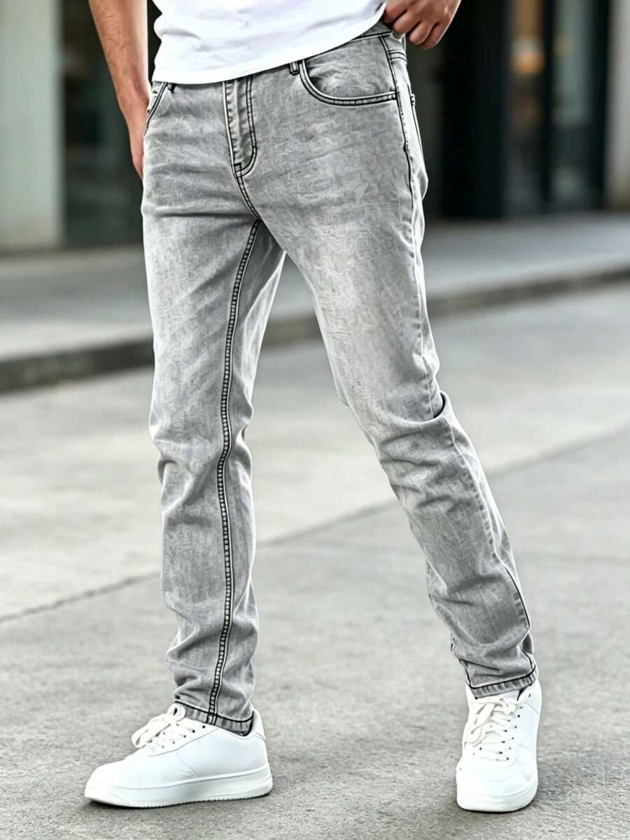 Men's Slim Fit Ripped Jeans, Premium Original Stretch Denim, Factory Direct Shipping - Light Grey - View 1