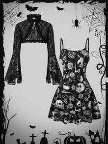 Tween Girl Halloween Lace Jacket And Funny Skeleton Print Spaghetti Strap Dress Set - Black and White - View 2