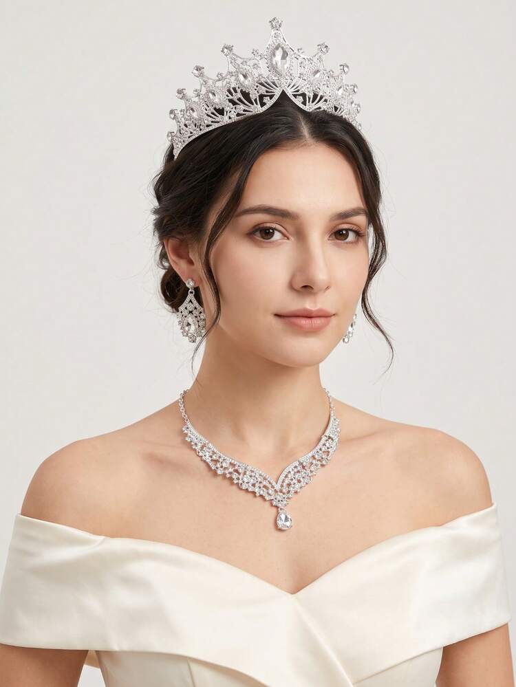 Luxurious Rhinestone Bridal Jewelry Set, Teardrop Full Rhinestone Crown Necklace & Earrings 3 Pieces Set, Wedding Evening Party Dress Accessories, European & American Vintage Baroque Style Jewelry, Hollow Alloy Rhinestone Crown Collarbone Chain & Dangle Earrings Set, Ball Wedding Dress Photography Accessories - Silver - View 5
