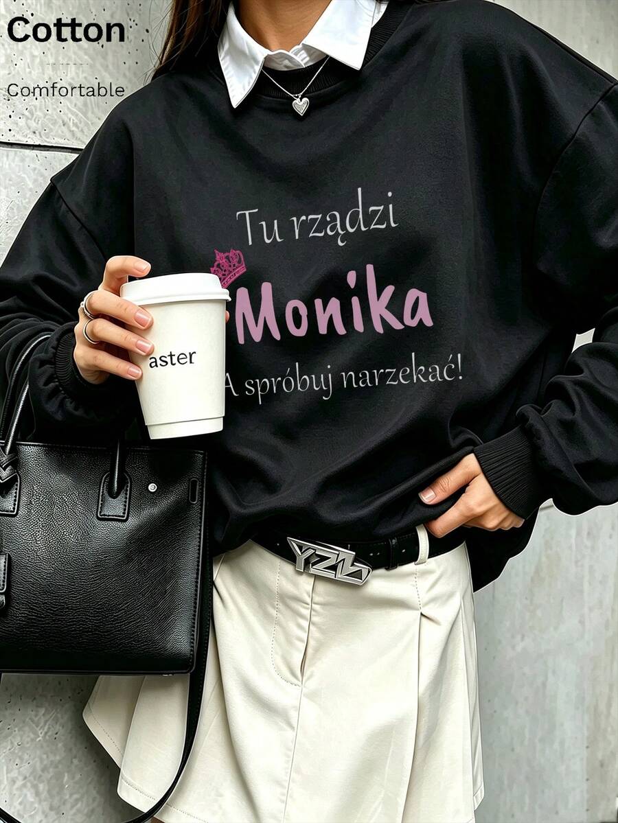Oversized Women's Sweatshirt For Autumn/Winter, Casual Daily Wear, Long Sleeve Hoodie, Outerwear Top, Y2K, Letter Slogan Graphic, Unisex,Black - Black - View 1