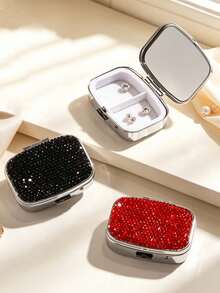Sparkly Rhinestone Mini Jewelry Box With Mirror,2 Compartment Mini Portable Pill Box,Portable Travel Jewellery Storage Case,Ring Earring Storage Box For Women,Fits In Wallet Or Pocket,Suitable For Travel,School,Gifting,Holiday Gifts, Birthday Gifts - Multicolor - View 1