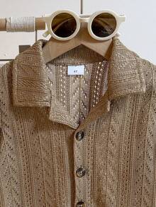 2pcs/Set Boys Vintage Lapel Hollow Button Long Sleeve Top + Pocket Wide Leg Pants Set, Daily Outdoor, Autumn - Brown - View 4