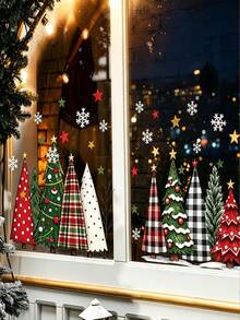 Plaid Buffalo Check Static Window Cling, Suitable For Christmas Tree, Snowflake And Star Decoration, Reusable PVC Film, Asymmetrical Shape, Suitable For Glass Door, Cafe, Farmhouse Country Style Winter Christmas Decor - Multicolor - View 6