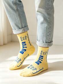 3 Pairs Men Fun Butter Print Crew Socks, Creative Letter Graphic Soft Socks, Street Style Casual Daily Socks - Multicolor - View 4