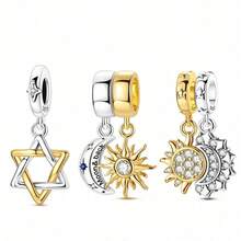 1pc Silver-Plated Sun Moon Star Pendant Bead, Dual-Color Split Craft, Hexagram Sun Moon Splicing Rhinestone Design, Exquisite Engraved Details, Romantic Universe Style, Suitable For Bracelet Necklace, Handmade DIY Jewelry Making And Couple Gifts - Multicolor - View 1