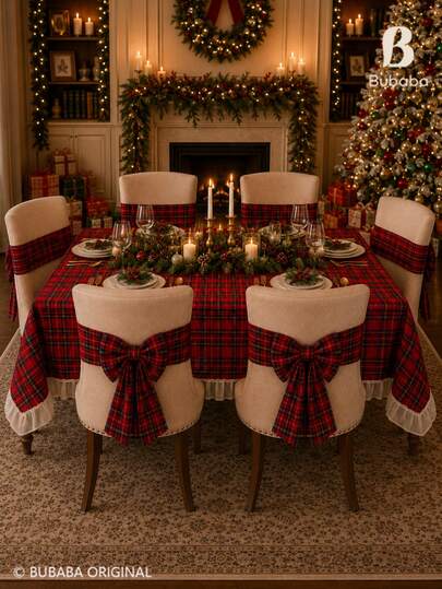 4pcs Christmas Red Plaid Chair Back Bowknot Strap Set, Universal Chair Cover Straps, Back Decor Ribbons, Suitable For Christmas Dinner, Family Gatherings, Parties And Holiday Home Decor (Size 17*280cm)